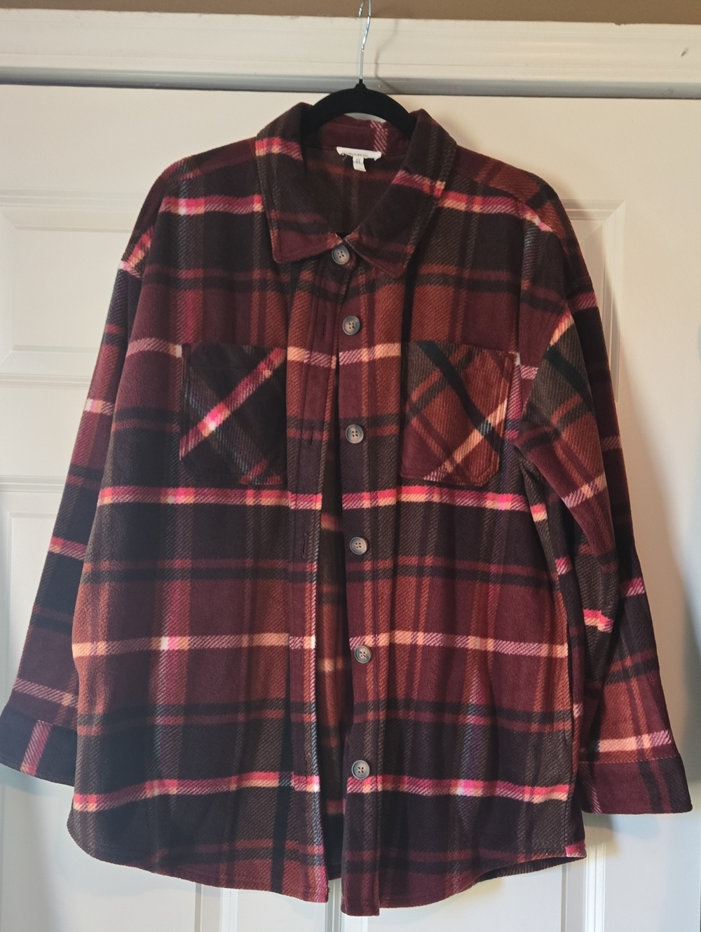 Maurices Plaid Button-Up Shirt Jacket in Burgundy and Black